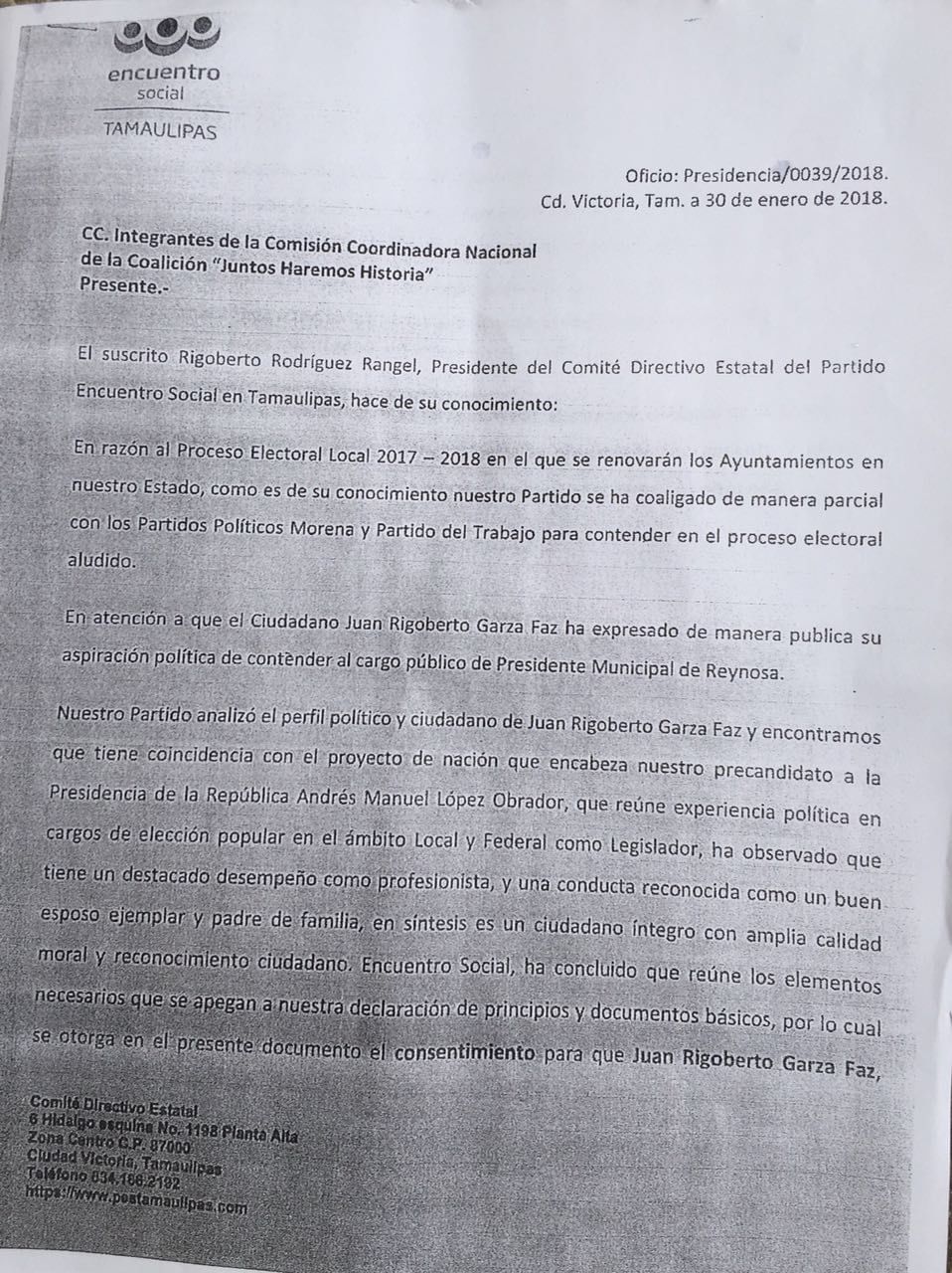 Respaldan Morena, PT y PES a Garza Faz para Reynosa