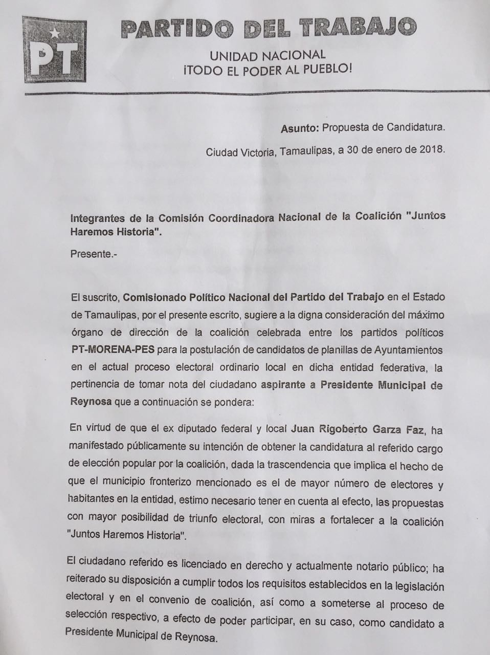 Respaldan Morena, PT y PES a Garza Faz para Reynosa